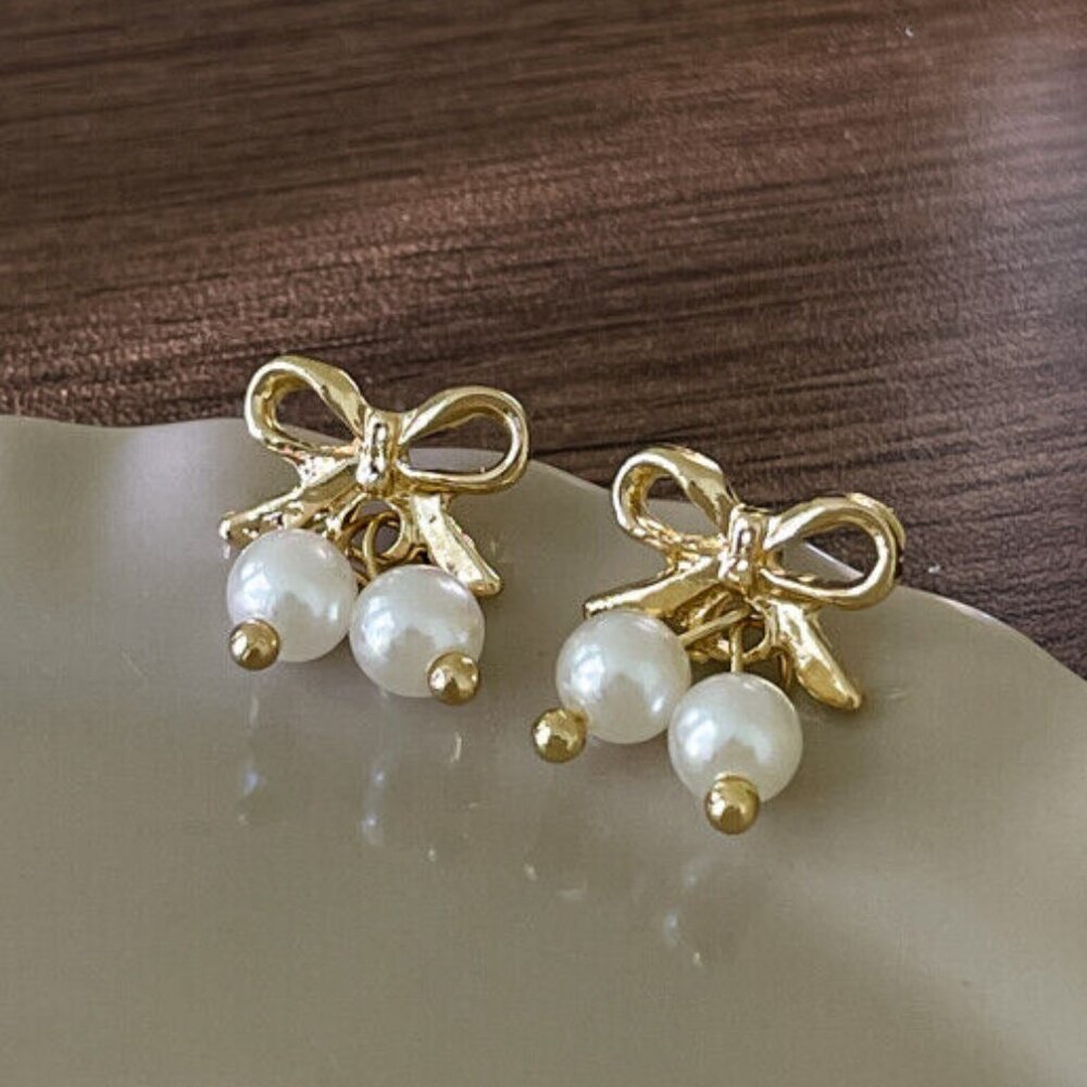18K Yellow Gold Plated White Pearl Bow Dangle Stud Earrings Pretty Party Gift